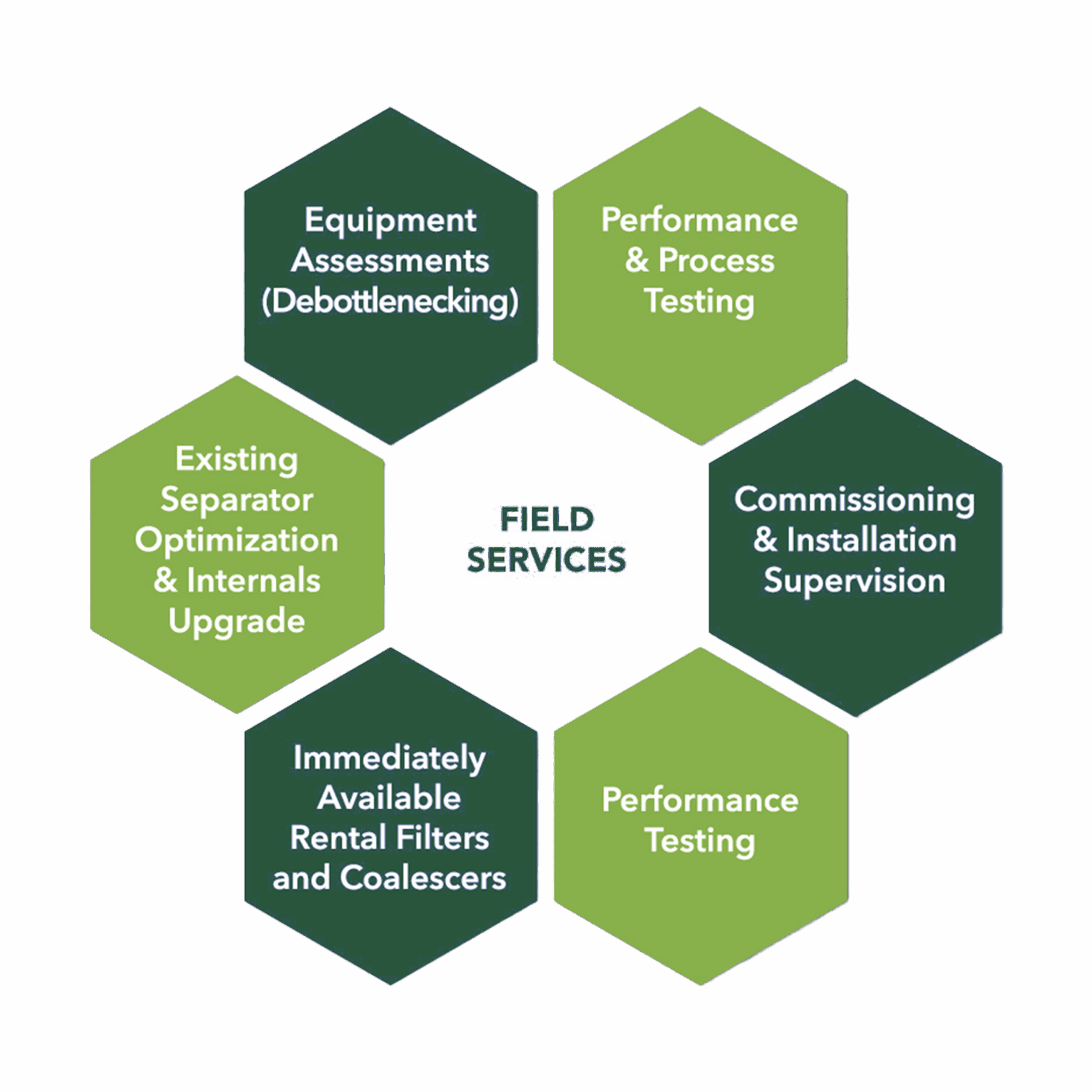 A diagram that shows six field services offered by Transcend Solutions. The services are listed and explained under Our team offers a range of field services.
