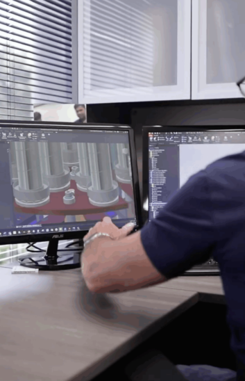 Engineer pointing to technology renderings and analysis data during review. {{brizy_dc_image_alt imageSrc=